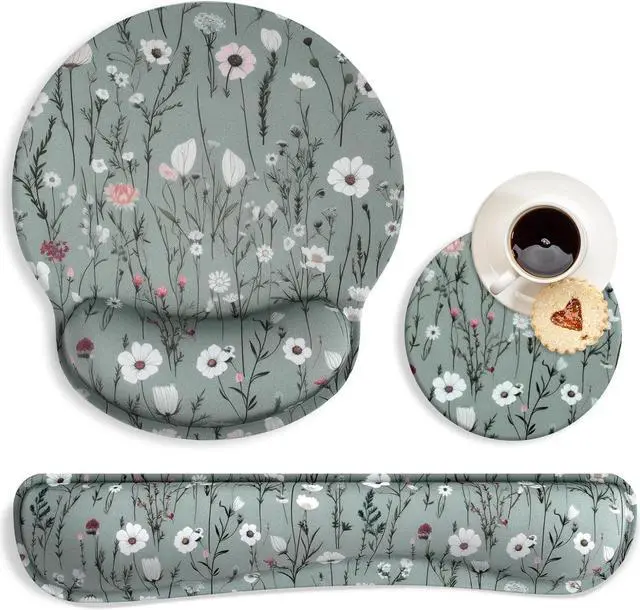 Main image of Ergonomic Mouse Pad and Keyboard Wrist Rest Green Floral Mouse Pad with Wrist Rest Set Daisy Flower Memory Foam Mouse Pad with Wrist Support and Keyboard Pad for Women Office Gaming