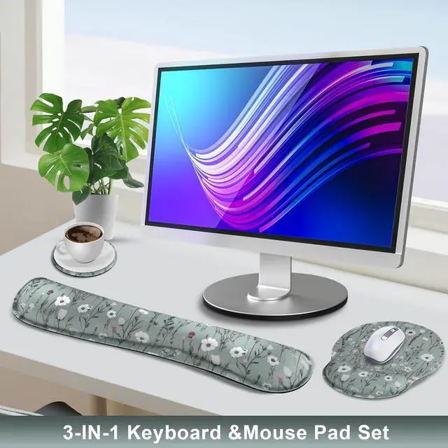 Alt view image 2 of 7 - Ergonomic Mouse Pad and Keyboard Wrist Rest Green Floral Mouse Pad with Wrist Rest Set Daisy Flower Memory Foam Mouse Pad with Wrist Support and Keyboard Pad for Women Office Gaming