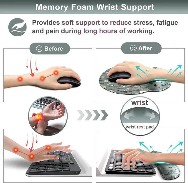 Alt view image 4 of 7 - Ergonomic Mouse Pad and Keyboard Wrist Rest Green Floral Mouse Pad with Wrist Rest Set Daisy Flower Memory Foam Mouse Pad with Wrist Support and Keyboard Pad for Women Office Gaming