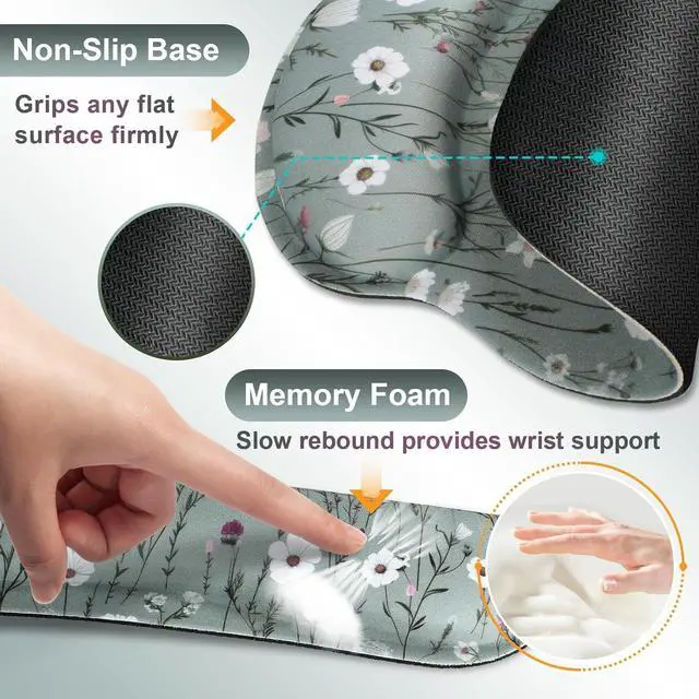 Alt view image 5 of 7 - Ergonomic Mouse Pad and Keyboard Wrist Rest Green Floral Mouse Pad with Wrist Rest Set Daisy Flower Memory Foam Mouse Pad with Wrist Support and Keyboard Pad for Women Office Gaming