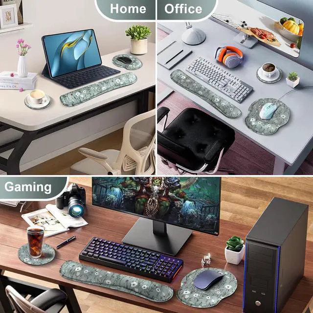 Alt view image 7 of 7 - Ergonomic Mouse Pad and Keyboard Wrist Rest Green Floral Mouse Pad with Wrist Rest Set Daisy Flower Memory Foam Mouse Pad with Wrist Support and Keyboard Pad for Women Office Gaming