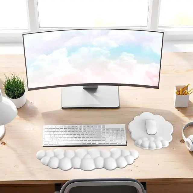 Alt view image 2 of 7 - Cloud Mouse Pad with Wrist Rest and Keyboard Wrist Rest Ergonomic Gel Mousepad and Wrist Rest for Computer Keyboard Pain Relief Non-Slip PU Base Mouse and Keyboard Pad for Gaming Office White