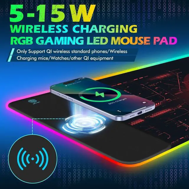Alt view image 2 of 7 - RGB Gaming Wireless Charging Mouse Pad 5/7.5/10/15W 10 Light Modes LED Mouse Pad Computer Keyboard Mat Mousepad 800x300x4MM Extended Large Desk Mat for Gaming MacBook Laptop PC Cool Red