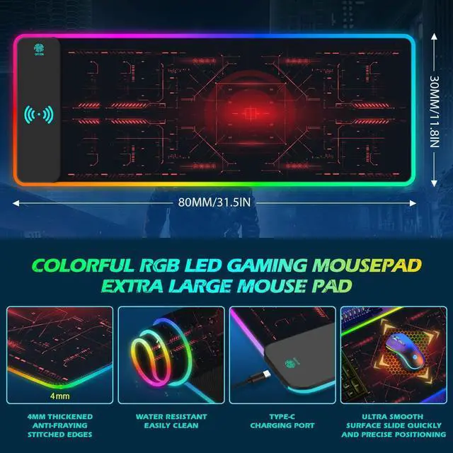 Alt view image 5 of 7 - RGB Gaming Wireless Charging Mouse Pad 5/7.5/10/15W 10 Light Modes LED Mouse Pad Computer Keyboard Mat Mousepad 800x300x4MM Extended Large Desk Mat for Gaming MacBook Laptop PC Cool Red
