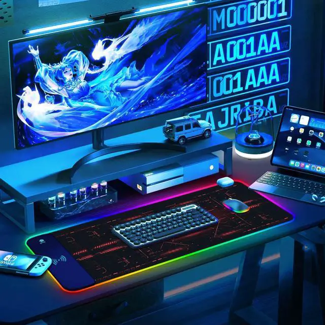 Alt view image 7 of 7 - RGB Gaming Wireless Charging Mouse Pad 5/7.5/10/15W 10 Light Modes LED Mouse Pad Computer Keyboard Mat Mousepad 800x300x4MM Extended Large Desk Mat for Gaming MacBook Laptop PC Cool Red