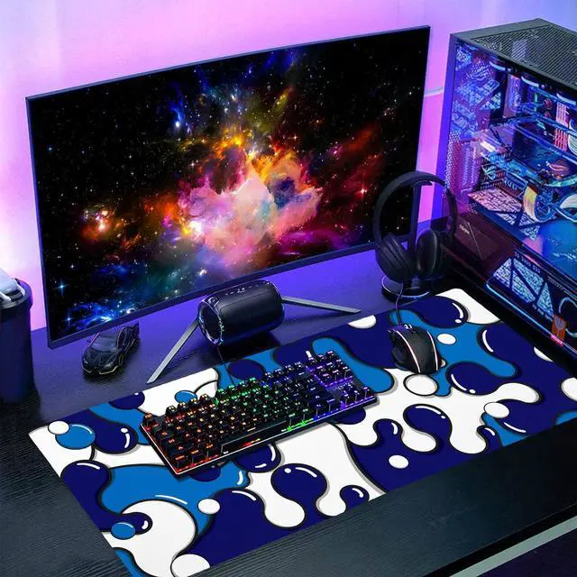 Alt view image 7 of 7 - Navy Blue White Mouse Pad Anime Cool Geometric Japanese Extended Desk Mat 90X40 CM Non-Slip Rubber Base Stitched Edge Large XXL Mousepad for Gaming Laptop Computer Desktop 35.4×15.7 Inch