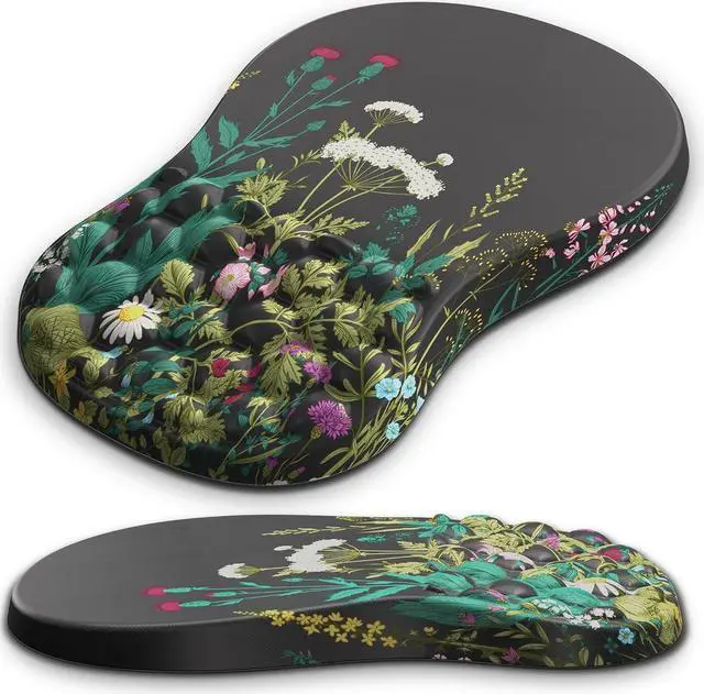 Main image of Ergonomic Mouse Pad with Wrist Rest Mousepad with Memory Foam & Massage Design Wrist Pain Relief Non-Slip PU Base Mouse Pad with Wrist Support for Gaming Office Desk (Black Flower 12x8 inch)