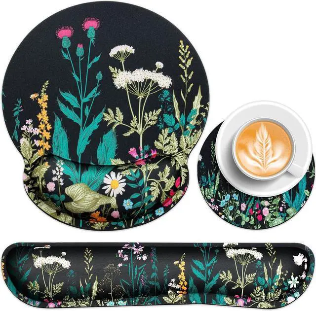 Main image of Mouse Pad with Wrist Rest Set Qomolama 3-in-1 Wrist Support Mouse Pad Set Floral Gaming Mousepad with Anti-Skid Base Ergonomic Mouse Pad Memory Foam Keyboard Gel Wrist Rest