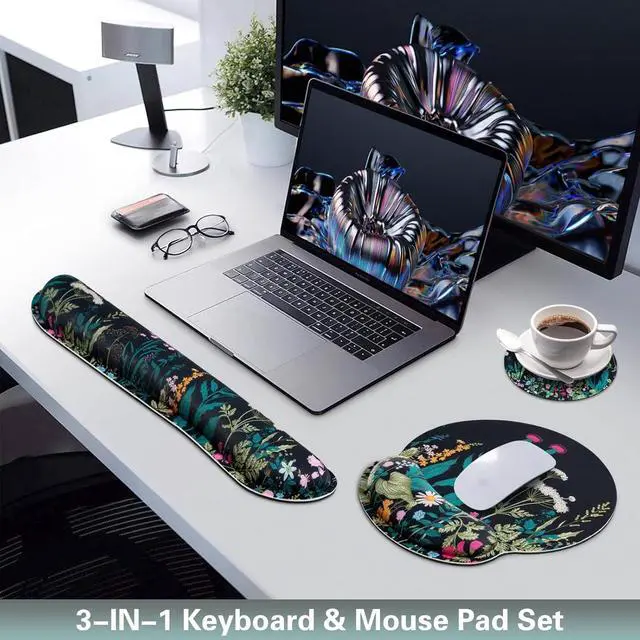 Alt view image 2 of 7 - Mouse Pad with Wrist Rest Set Qomolama 3-in-1 Wrist Support Mouse Pad Set Floral Gaming Mousepad with Anti-Skid Base Ergonomic Mouse Pad Memory Foam Keyboard Gel Wrist Rest