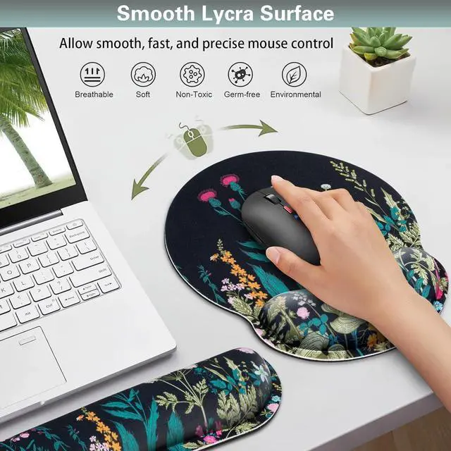 Alt view image 3 of 7 - Mouse Pad with Wrist Rest Set Qomolama 3-in-1 Wrist Support Mouse Pad Set Floral Gaming Mousepad with Anti-Skid Base Ergonomic Mouse Pad Memory Foam Keyboard Gel Wrist Rest