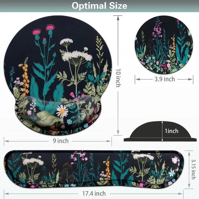 Alt view image 4 of 7 - Mouse Pad with Wrist Rest Set Qomolama 3-in-1 Wrist Support Mouse Pad Set Floral Gaming Mousepad with Anti-Skid Base Ergonomic Mouse Pad Memory Foam Keyboard Gel Wrist Rest