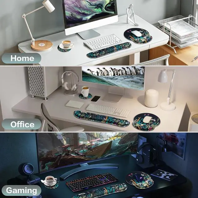Alt view image 7 of 7 - Mouse Pad with Wrist Rest Set Qomolama 3-in-1 Wrist Support Mouse Pad Set Floral Gaming Mousepad with Anti-Skid Base Ergonomic Mouse Pad Memory Foam Keyboard Gel Wrist Rest