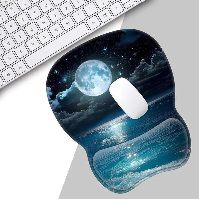 Alt view image 5 of 7 - Mouse Pad with Wrist Support Non Slip Mousepad Wrist Rest for Office Computer Moon Illuminating The Clear Blue OceanErgonomic Support Mouse Mat
