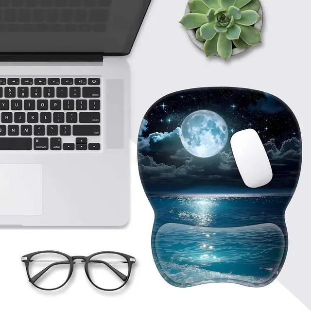 Alt view image 6 of 7 - Mouse Pad with Wrist Support Non Slip Mousepad Wrist Rest for Office Computer Moon Illuminating The Clear Blue OceanErgonomic Support Mouse Mat