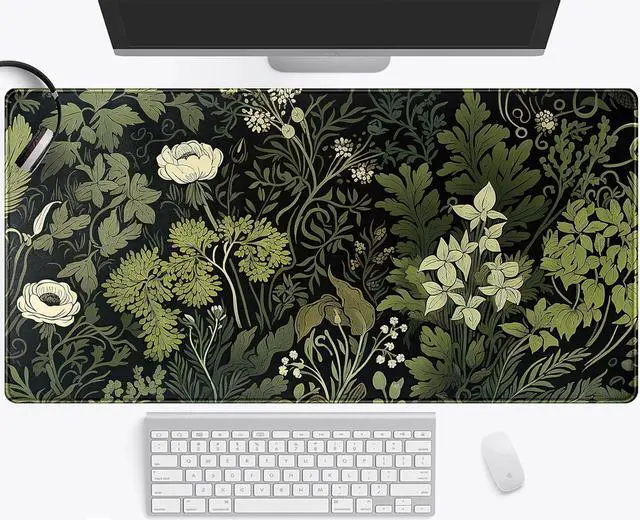 Main image of Green Leaves Desk Mat Beige Plants Desk Pad Large Extend Mouse Pad XXL Freshness Foliage Keyboard Mat Black Esthetics Desktop Mat Laptop Wireless Mouse Mat for Desk Gift for Women 31.5x15.75