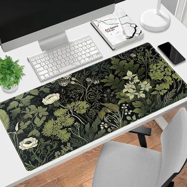 Alt view image 2 of 7 - Green Leaves Desk Mat Beige Plants Desk Pad Large Extend Mouse Pad XXL Freshness Foliage Keyboard Mat Black Esthetics Desktop Mat Laptop Wireless Mouse Mat for Desk Gift for Women 31.5x15.75
