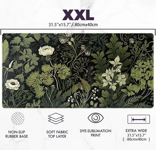 Alt view image 3 of 7 - Green Leaves Desk Mat Beige Plants Desk Pad Large Extend Mouse Pad XXL Freshness Foliage Keyboard Mat Black Esthetics Desktop Mat Laptop Wireless Mouse Mat for Desk Gift for Women 31.5x15.75