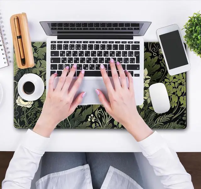 Alt view image 6 of 7 - Green Leaves Desk Mat Beige Plants Desk Pad Large Extend Mouse Pad XXL Freshness Foliage Keyboard Mat Black Esthetics Desktop Mat Laptop Wireless Mouse Mat for Desk Gift for Women 31.5x15.75