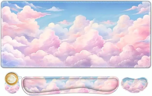 Main image of Large Mouse Pad Desk Pad Set Wrist Rest Support Desk Mat for Keyboard and Mouse 4PCS 35.4x15.7 XXL Giant Mouse Pad Non-Slip Base Stitched Edges Mousepad for Home Office Dreamy Clouds