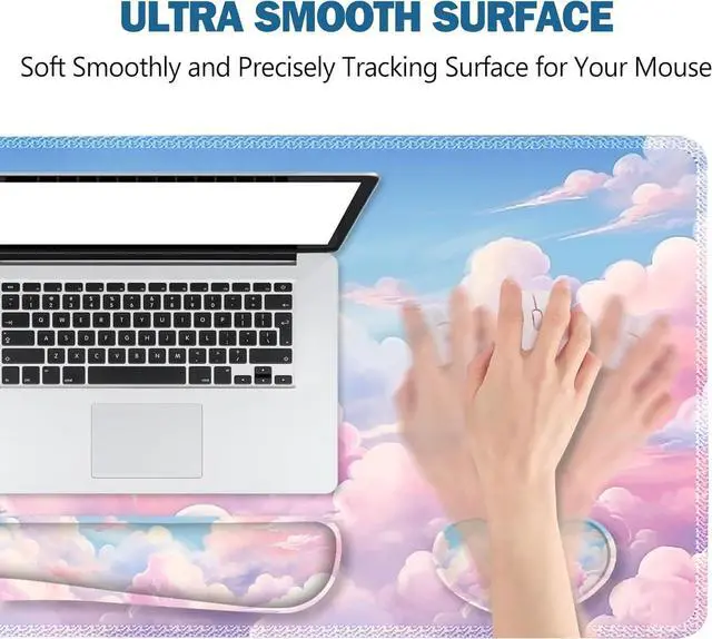 Alt view image 3 of 7 - Large Mouse Pad Desk Pad Set Wrist Rest Support Desk Mat for Keyboard and Mouse 4PCS 35.4x15.7 XXL Giant Mouse Pad Non-Slip Base Stitched Edges Mousepad for Home Office Dreamy Clouds