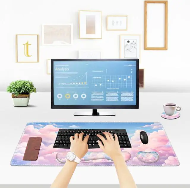 Alt view image 4 of 7 - Large Mouse Pad Desk Pad Set Wrist Rest Support Desk Mat for Keyboard and Mouse 4PCS 35.4x15.7 XXL Giant Mouse Pad Non-Slip Base Stitched Edges Mousepad for Home Office Dreamy Clouds