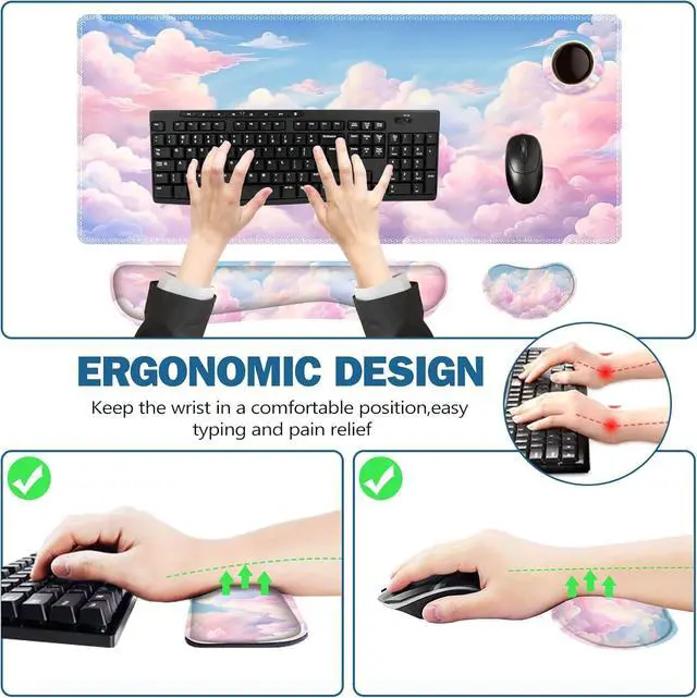 Alt view image 6 of 7 - Large Mouse Pad Desk Pad Set Wrist Rest Support Desk Mat for Keyboard and Mouse 4PCS 35.4x15.7 XXL Giant Mouse Pad Non-Slip Base Stitched Edges Mousepad for Home Office Dreamy Clouds