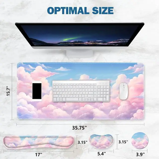 Alt view image 7 of 7 - Large Mouse Pad Desk Pad Set Wrist Rest Support Desk Mat for Keyboard and Mouse 4PCS 35.4x15.7 XXL Giant Mouse Pad Non-Slip Base Stitched Edges Mousepad for Home Office Dreamy Clouds