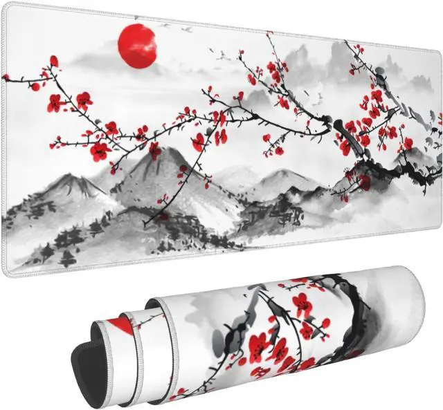 Main image of Watercolor Japanese Cherry Blossom Mouse Pad 31.5 X 11.8 Inch XL Red Floral Design Extended Gaming Mousepad Large Non-Slip Rubber Base Keyboard Desk Mat with Stitched Edges for Gaming and Office