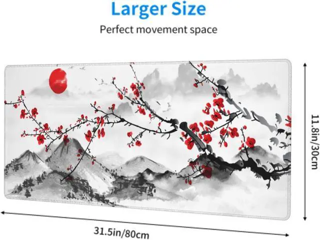 Alt view image 3 of 7 - Watercolor Japanese Cherry Blossom Mouse Pad 31.5 X 11.8 Inch XL Red Floral Design Extended Gaming Mousepad Large Non-Slip Rubber Base Keyboard Desk Mat with Stitched Edges for Gaming and Office