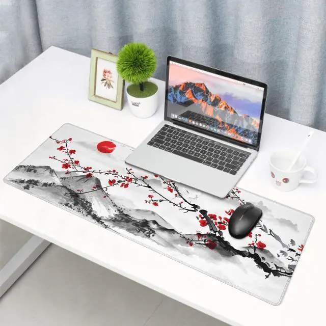 Alt view image 2 of 7 - Watercolor Japanese Cherry Blossom Mouse Pad 31.5 X 11.8 Inch XL Red Floral Design Extended Gaming Mousepad Large Non-Slip Rubber Base Keyboard Desk Mat with Stitched Edges for Gaming and Office