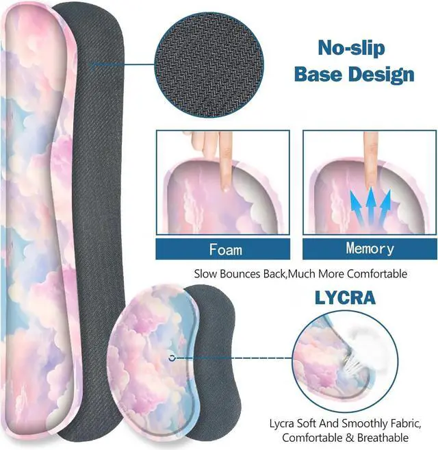 Alt view image 5 of 7 - Large Mouse Pad Desk Pad Set Wrist Rest Support Desk Mat for Keyboard and Mouse 4PCS 35.4x15.7 XXL Giant Mouse Pad Non-Slip Base Stitched Edges Mousepad for Home Office Dreamy Clouds