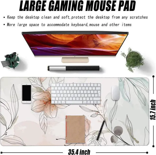 Alt view image 2 of 7 - Desk Mat Abstract Boho Flowers Extended Large Gaming Mouse Pad for Desk XXL Non-Slip Rubber Base Stitched Edges Long Computer Keyboard Desk Pad Mouse Mat for Home Office Gaming 35.4X15.7