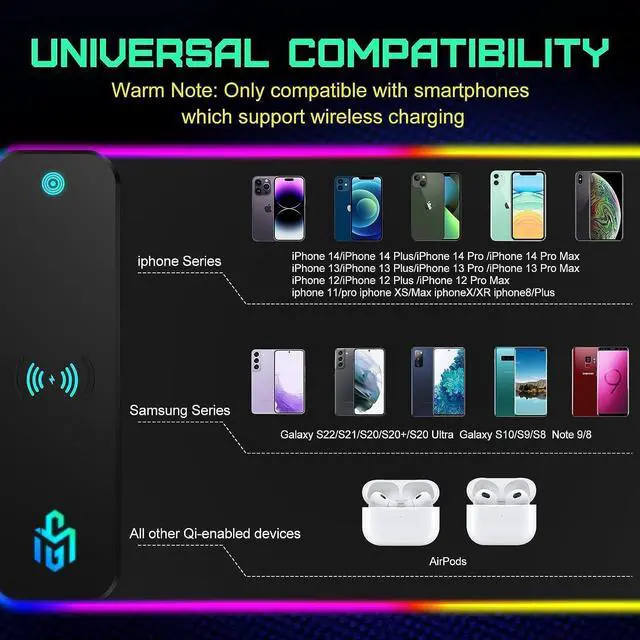 Alt view image 6 of 7 - Wireless Charging RGB Gaming Mouse Pad 15W LED Mouse Mat 800x300x4MM 10 Light Modes Extra Large Mousepad Non-Slip Rubber Base Computer Keyboard Mat for Gaming MacBook PC Laptop Desk