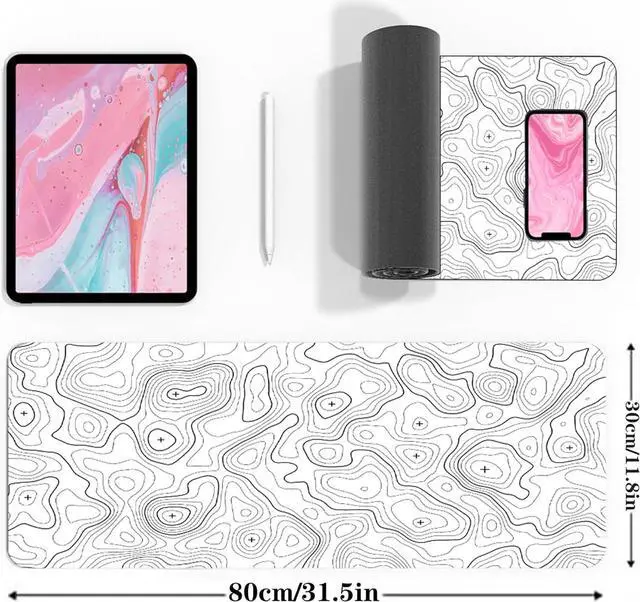 Alt view image 3 of 7 - Topographic Large Gaming Mouse Pad White Mouse Pad Gaming Mouse Mat Desk Pad 31.5 x 11.8 Desk Mat Minimalist Mouse Pads for Desk Extended White Keyboard Mousepad with Non-Slip Base and Stitched Edge