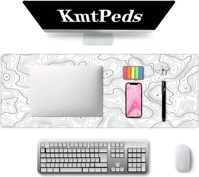 Alt view image 2 of 7 - Topographic Large Gaming Mouse Pad White Mouse Pad Gaming Mouse Mat Desk Pad 31.5 x 11.8 Desk Mat Minimalist Mouse Pads for Desk Extended White Keyboard Mousepad with Non-Slip Base and Stitched Edge