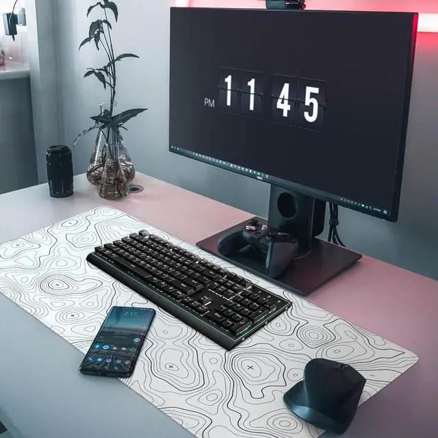 Alt view image 6 of 7 - Topographic Large Gaming Mouse Pad White Mouse Pad Gaming Mouse Mat Desk Pad 31.5 x 11.8 Desk Mat Minimalist Mouse Pads for Desk Extended White Keyboard Mousepad with Non-Slip Base and Stitched Edge
