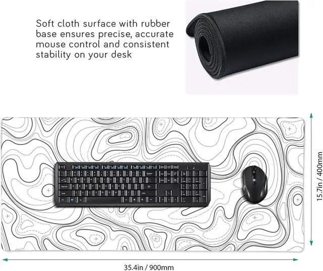 Alt view image 2 of 7 - Large Gaming Mouse Pad White Topographic Contour Mouse Pad with Stitched Edges & Nonslip Rubber Base Extended XXL Long Mousepad Big Desk Mat for Company Office Work 35.4 x 15.7 in