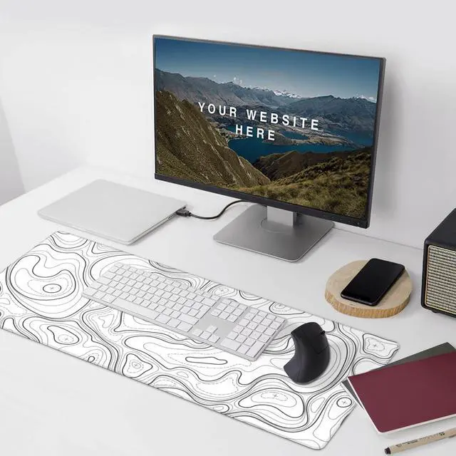 Alt view image 6 of 7 - Large Gaming Mouse Pad White Topographic Contour Mouse Pad with Stitched Edges & Nonslip Rubber Base Extended XXL Long Mousepad Big Desk Mat for Company Office Work 35.4 x 15.7 in