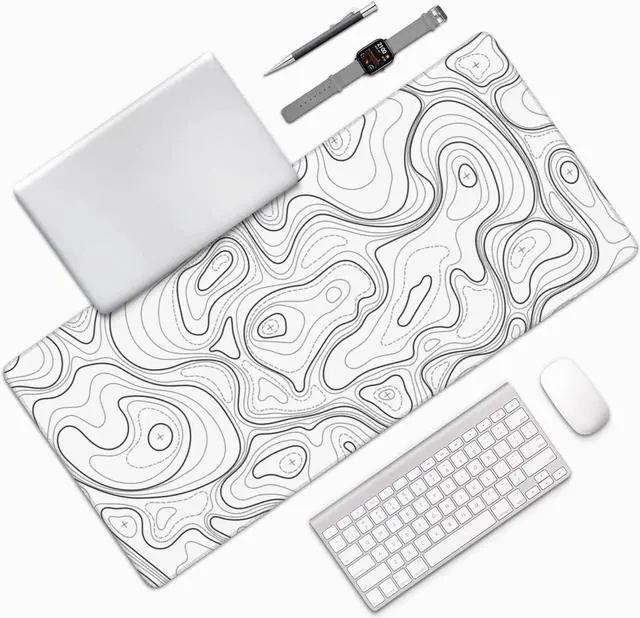 Alt view image 7 of 7 - Large Gaming Mouse Pad White Topographic Contour Mouse Pad with Stitched Edges & Nonslip Rubber Base Extended XXL Long Mousepad Big Desk Mat for Company Office Work 35.4 x 15.7 in