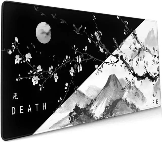 Main image of Sakura Death Life Black and White Cherry Blossom Pattern Extended Large Mouse Pad Non-Slip Rubber Base Stitched Edges Waterproof Gaming Home Office 90x40cm XXL