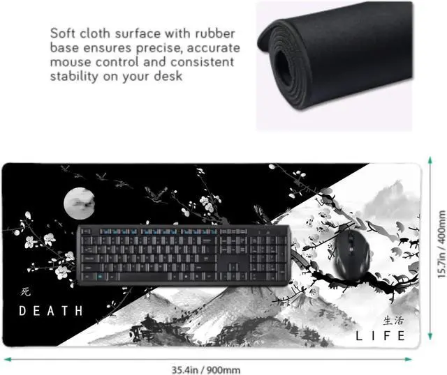 Alt view image 3 of 7 - Sakura Death Life Black and White Cherry Blossom Pattern Extended Large Mouse Pad Non-Slip Rubber Base Stitched Edges Waterproof Gaming Home Office 90x40cm XXL