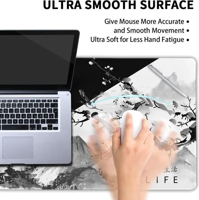 Alt view image 5 of 7 - Sakura Death Life Black and White Cherry Blossom Pattern Extended Large Mouse Pad Non-Slip Rubber Base Stitched Edges Waterproof Gaming Home Office 90x40cm XXL