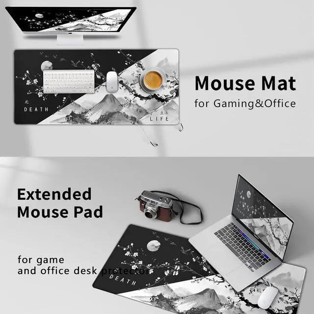 Alt view image 7 of 7 - Sakura Death Life Black and White Cherry Blossom Pattern Extended Large Mouse Pad Non-Slip Rubber Base Stitched Edges Waterproof Gaming Home Office 90x40cm XXL