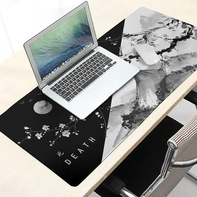 Alt view image 6 of 7 - Sakura Death Life Black and White Cherry Blossom Pattern Extended Large Mouse Pad Non-Slip Rubber Base Stitched Edges Waterproof Gaming Home Office 90x40cm XXL