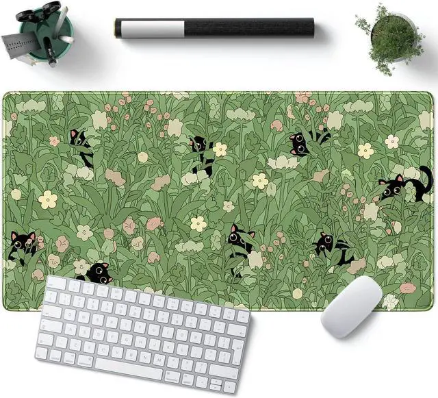 Main image of Green Desk Mat XL Cat Cute Plant Cool Desk Pad Keyboard Mat Kawaii Black Cat Flower Mouse Pad Green Desk Mat Desk Decor with Stitched Edges Non-Slip Large Computer Mat 31.5x15.7in