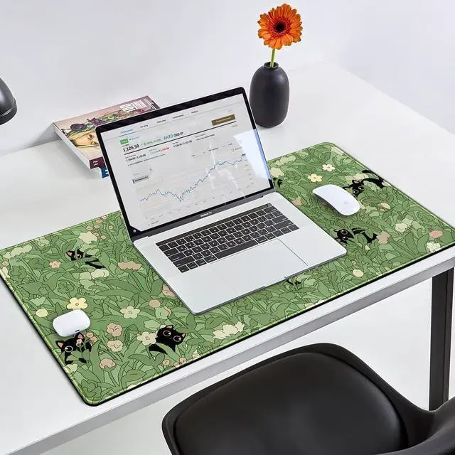 Alt view image 3 of 7 - Green Desk Mat XL Cat Cute Plant Cool Desk Pad Keyboard Mat Kawaii Black Cat Flower Mouse Pad Green Desk Mat Desk Decor with Stitched Edges Non-Slip Large Computer Mat 31.5x15.7in
