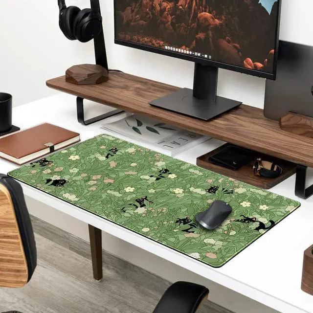 Alt view image 4 of 7 - Green Desk Mat XL Cat Cute Plant Cool Desk Pad Keyboard Mat Kawaii Black Cat Flower Mouse Pad Green Desk Mat Desk Decor with Stitched Edges Non-Slip Large Computer Mat 31.5x15.7in