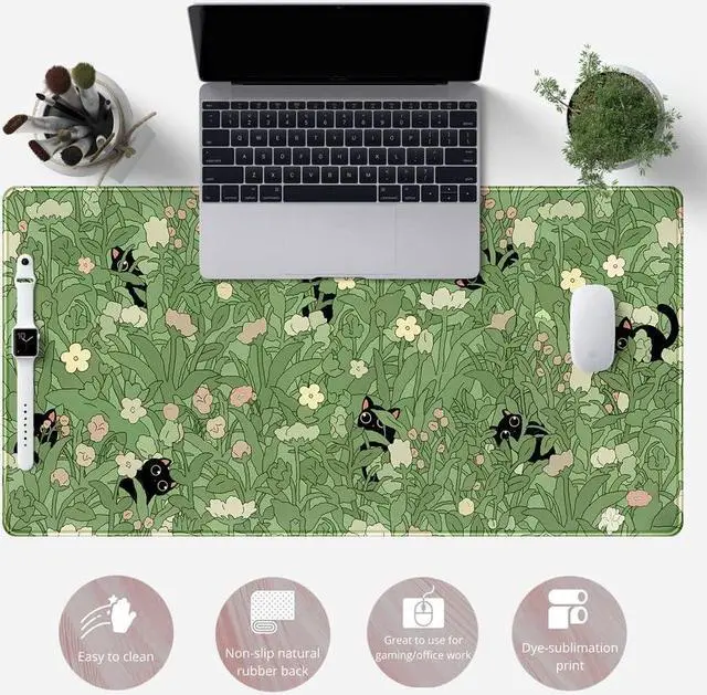 Alt view image 6 of 7 - Green Desk Mat XL Cat Cute Plant Cool Desk Pad Keyboard Mat Kawaii Black Cat Flower Mouse Pad Green Desk Mat Desk Decor with Stitched Edges Non-Slip Large Computer Mat 31.5x15.7in