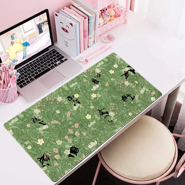 Alt view image 7 of 7 - Green Desk Mat XL Cat Cute Plant Cool Desk Pad Keyboard Mat Kawaii Black Cat Flower Mouse Pad Green Desk Mat Desk Decor with Stitched Edges Non-Slip Large Computer Mat 31.5x15.7in