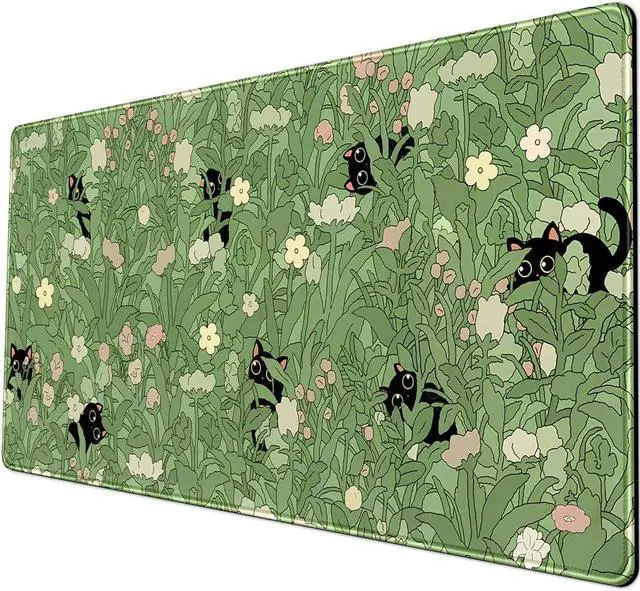 Alt view image 5 of 7 - Green Desk Mat XL Cat Cute Plant Cool Desk Pad Keyboard Mat Kawaii Black Cat Flower Mouse Pad Green Desk Mat Desk Decor with Stitched Edges Non-Slip Large Computer Mat 31.5x15.7in
